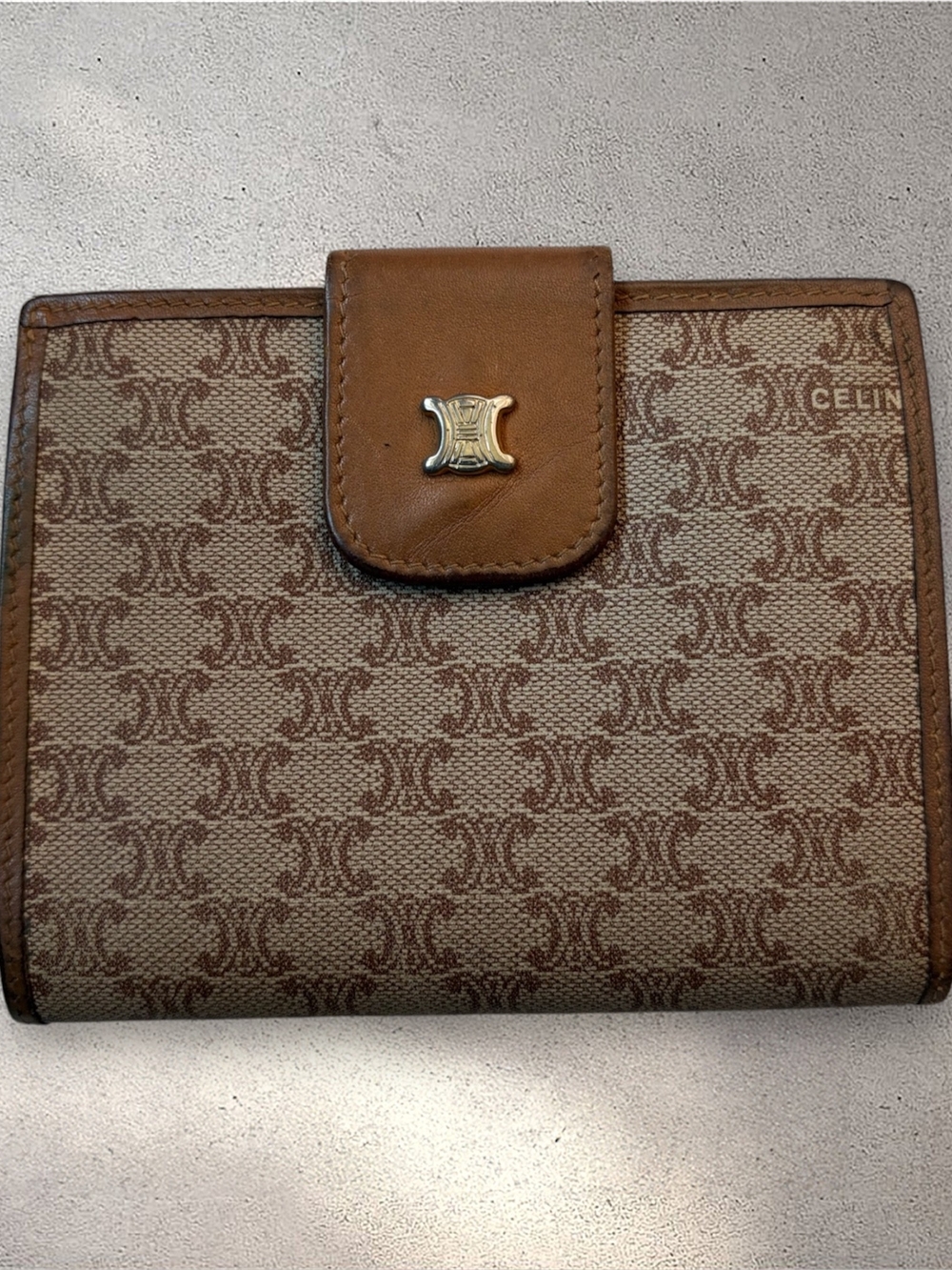 Vintage Celine Macadam Kisslock Compact Bifold Wallet Beige Tan Triomphe